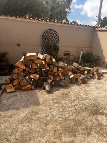 Débitage d'un tronc de bois en bûches en le tronçonnant