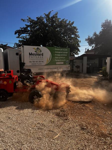 Rognage d'une souche dans un jardin dans le Var